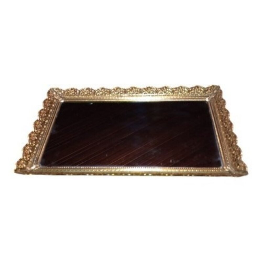 Vintage Ornate Vanity Tray Mirror Floral Gold Metal Filigree Hollywood Regency